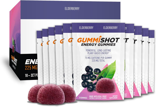 Energy Gummies, 225Mg of Plant-Based Caffeine Chews per Pouch, Long Lasting Energy Boosters, Elderberry, 10Ct (30 Gummies)