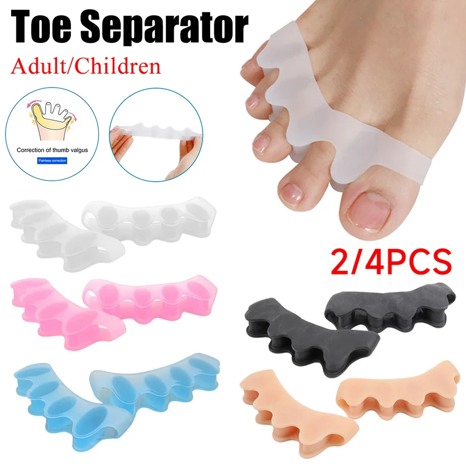 2/4Pcs Toe Separator Corrector Soft Reusable Hallux Valgus Straightener Elastic Bunion Corrector Foot Care Tool for Adult Child