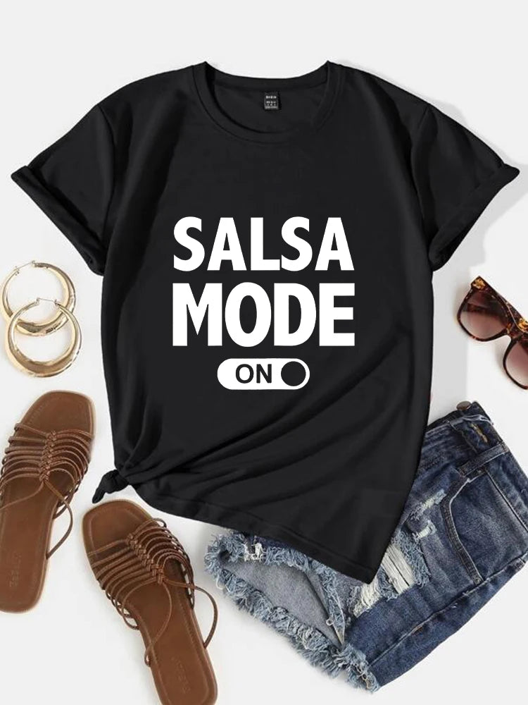 Salsa Mode Letter Graphic Polyester Breathable Tee Shirt Crew Neck Casual T Shirts